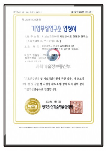 Corporate R&D Center Certificate